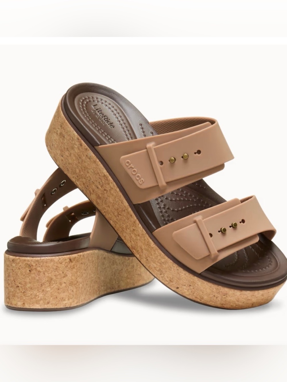 CROCS Women’s Tan Cork-Platform Wedge Sandals- Brooklyn Buckle